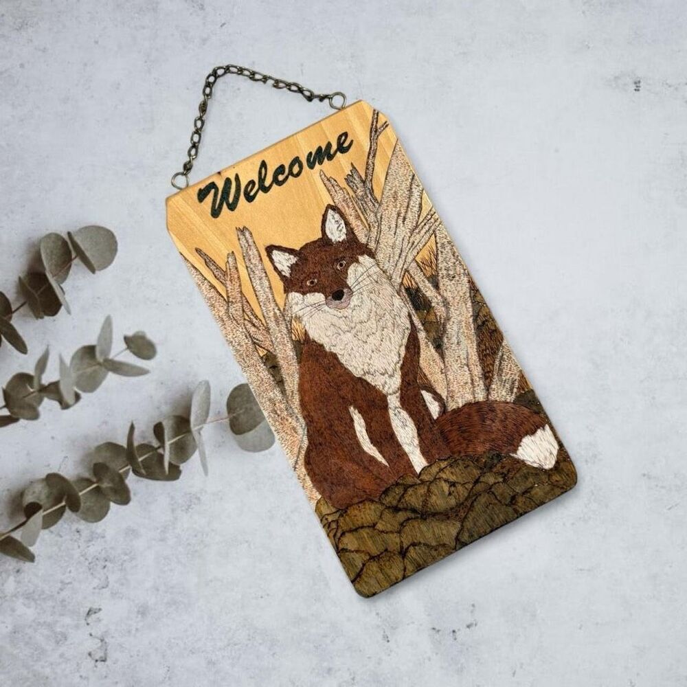 Vintage Welcome Wood Burning Fox Country Farm Wall Hanging Art Sign